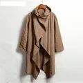 Detailed view of brown men's long hooded cloak cardigan with draped front design. - S / Tops / Coffee