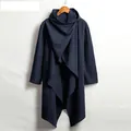Men's designer long-sleeved hooded cloak windbreaker jacket with asymmetrical hem navy blue - S / Tops / Navy Blue