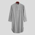 Men's grey long sleeve solid color traditional thobe robe with buttons and pocket - M / Robe / Gray