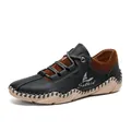 Stylish black leather casual men's shoes with brown knit sock collar and beige sole - 38 / Black