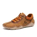 Comfortable brown leather casual shoes featuring breathable sock-mouth and lace-up design - 38 / Yellow Brown