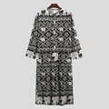 Close-up detail of men's loose ethnic print long robe with elephant and mandala pattern - S / Robe / Black and White Elephant Print Style