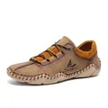 Men's brown leather casual shoes with sock-style ankle and lace-up design - 38 / Khaki