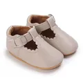 Elegante beigefarbene T-Strap Babyschuhe aus PU-Leder mit Wellenrand für Mädchen 0-1 Jahre - Innenlänge 11cm / Beige