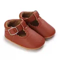 Klassische braune PU-Leder Babyschuhe mit T-Riemen und hübschem Wellenrand-Detail - Innenlänge 11cm / Braun