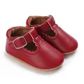 Klassische rote PU-Leder Babyschuhe für Mädchen mit Wellenrand und verstellbarem Schnallenriemen - Innenlänge 11cm / Rot