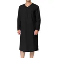 Full view of men's black long sleeve nightshirt featuring V-neck and contrast trim - Black