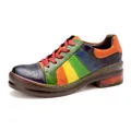 Hand-colored patchwork leather shoe for women featuring vibrant multi-color panels - 36 / Green