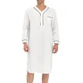 Detailed view of white men's long sleeve nightgown featuring black contrast piping and chest pocket - White