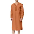 Detail view of men's long-sleeved orange ethnic loungewear with contrast black piping - Orange