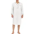 Men's white long-sleeve nightgown with contrast piping and V-neck for comfortable home wear. - S / Robe / White