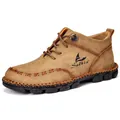 Men's hand-stitched leather mid-top Martin boots in brown finish with Salkin logo - 38 / Khaki