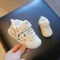 Warm fleece-lined winter baby walking shoes with colorful patterns and Velcro strap - Size 15 (Inner Length 12cm) / White
