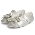Elegant silver baby princess shoes featuring a glittery toe cap, bow, and crown decoration. - Silver
