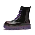 Schwarze Lackleder-Martin-Boots mit lila Schnürsenkeln und klobiger, lila transparenter Sohle - 35 / Rot