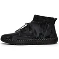 Black mid-top men's winter warm casual shoes with decorative letter print and ribbed collar - Black