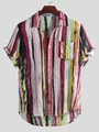 Close-up detail of a colorful vertical striped short sleeve shirt with chest pocket - Burgundy