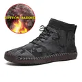 Warm fur-lined mid-top men's shoes with printed fabric upper and knitted collar - Black Fleece Lined
