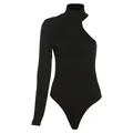 Stylish black one-shoulder long sleeve ribbed knit bodysuit for women, slim fit - Black