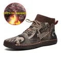Warm fleece-lined mid-top casual men's sneakers with vintage canvas print for winter - Brown Fleece Lined