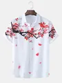Casual wit herenoverhemd met korte mouwen en rode pruimenbloesem inkttekening print - S / Tops / Wit met Rode Bloemenprint (LR-60)