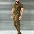 Side view of olive green men's short-sleeve jumpsuit with chest pockets and belt - S / Set / Army Green
