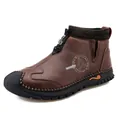 Classic men's brown leather mid-top Martin boots with a stylish knitted sock collar - Dark Brown