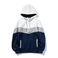 Detail of color-block hoodie with white, grey, and navy blue fabric panels - S / Tops / White