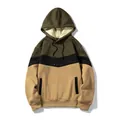 Detailed view of a tri-color block hoodie with drawstring hood and side pockets - S / Tops / Khaki