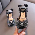 Elegant black princess sandals for girls featuring a sparkling rhinestone bow and soft soles - 21 / Black