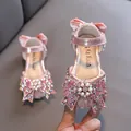 Sparkling pink princess shoes for girls with crystal rhinestones and an elegant bow - 21 / Pink