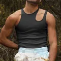 Trendy men's slim fit tank top with unique asymmetric cutout shoulder design in black - 2XL / Tops / Black