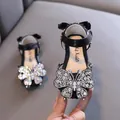Elegant black girls' princess sandals with sparkly rhinestone butterfly and soft sole - 21 / Black