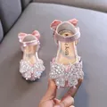Elegant pink princess sandals for girls featuring a large rhinestone butterfly and soft sole - 21 / Pink