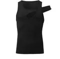 Close-up of black men's cutout tank top with asymmetric shoulder strap design - S / Tops / Black