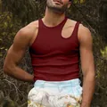 Men's trendy sleeveless tank top with unique cutout detail in deep red ribbed fabric - S / Tops / Burgundy