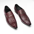 Premium men's burgundy loafers with pointed toe and crocodile embossed leather texture - 37 / Dragon Head Embossed Loafers (307) / Burgundy