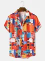 Men's short-sleeved casual shirt with vibrant colorful Mediterranean house print - S / Tops