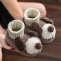 Adorable cozy brown puppy fuzzy slippers for toddlers with soft knitted ankle cuff - Coffee