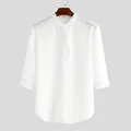 Camicia bianca minimalista da uomo con collo alla coreana retrò e maniche a 3/4 - Taglia S / Top / Bianco
