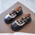 Classic girls' black Mary Jane leather shoes with delicate white lace trim and buckle strap - Size 21 / Inner Length 13.5cm / Black