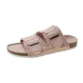 Pink canvas flat slide sandals with double buckles and fringe details for women - 39 / Pink
