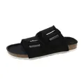 Stylish black canvas buckle slides for women with frayed edges and cork-style flat sole - Black