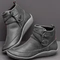 Side detail of women's grey British style flat ankle boots featuring unique strap design - 35 / Gray