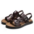 Premium men's brown leather summer sandals featuring adjustable buckle straps and beach style - 38 / Brown
