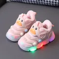 Pink LED light-up baby walking shoes with cute duck cartoon design and plush lining - Size 16-20 / Pink - Heavy Fleece Lined (H5)