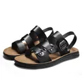 Casual men's black summer sandals with adjustable three-strap design and brown footbed - 38 / Black