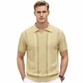 Men's elegant beige knit polo shirt featuring a vertical hollow-out mesh texture design - M / Tops / Apricot