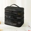 Large capacity black mesh cosmetic bag featuring double layer storage and top handle - Three Layers Black