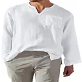 Classica camicia a maniche lunghe da uomo in cotone e lino bianco con vestibilità ampia e scollo V - Taglia S / Top / Bianco